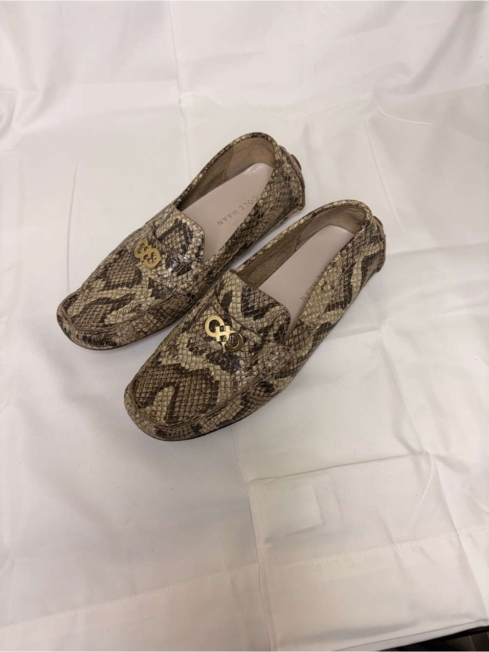 Cole Haan Snake-Print Driving Loafers with Gold Hardware